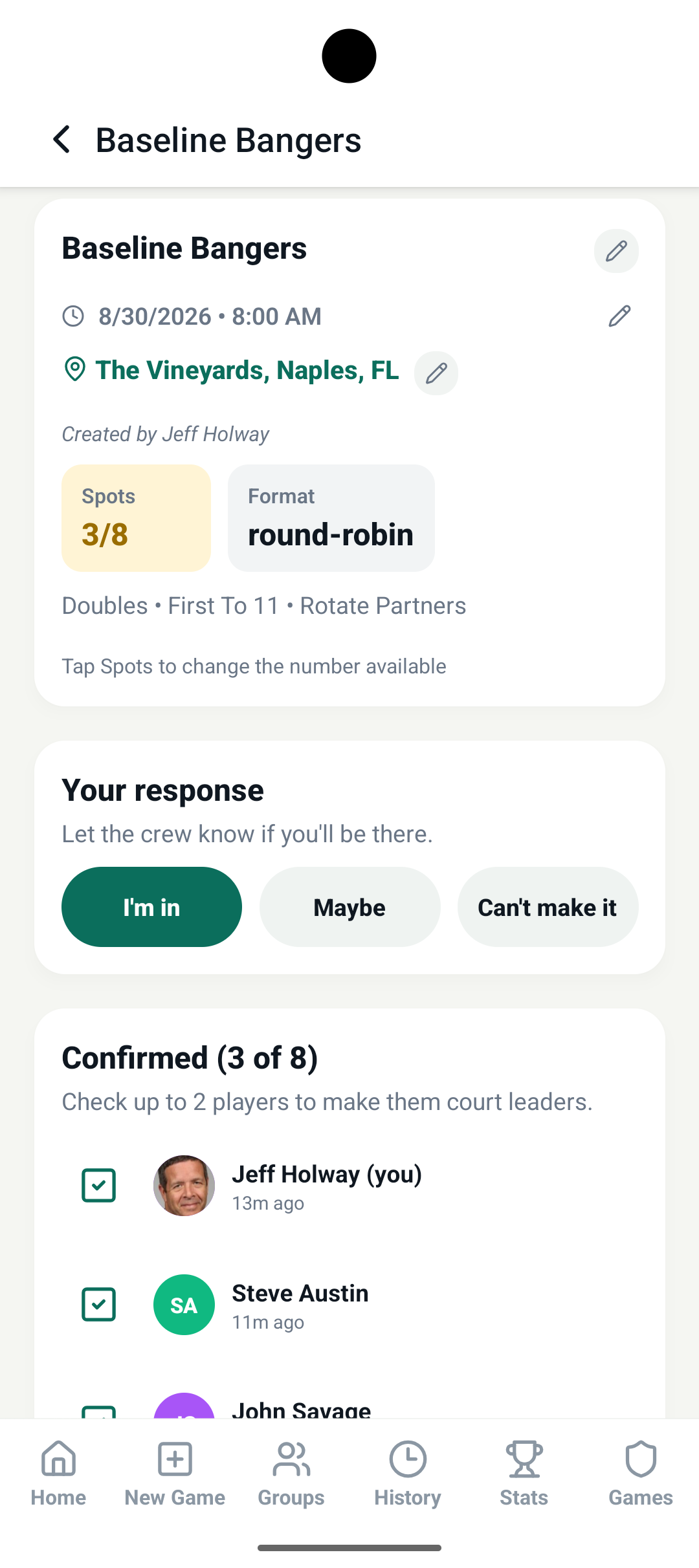 Session roster with live RSVP counts