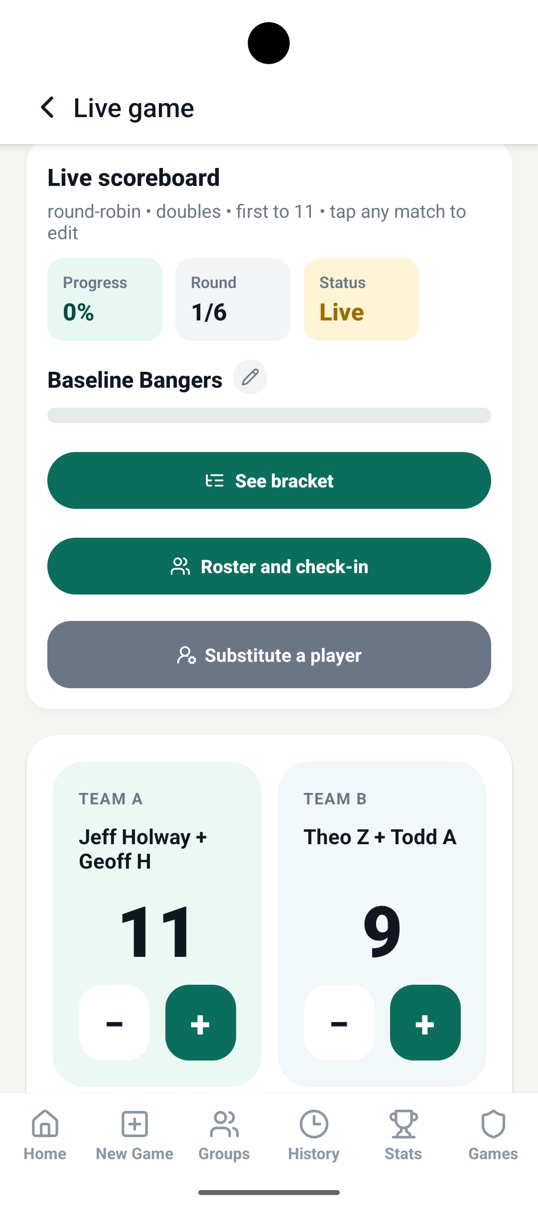 Generated bracket and live scoring