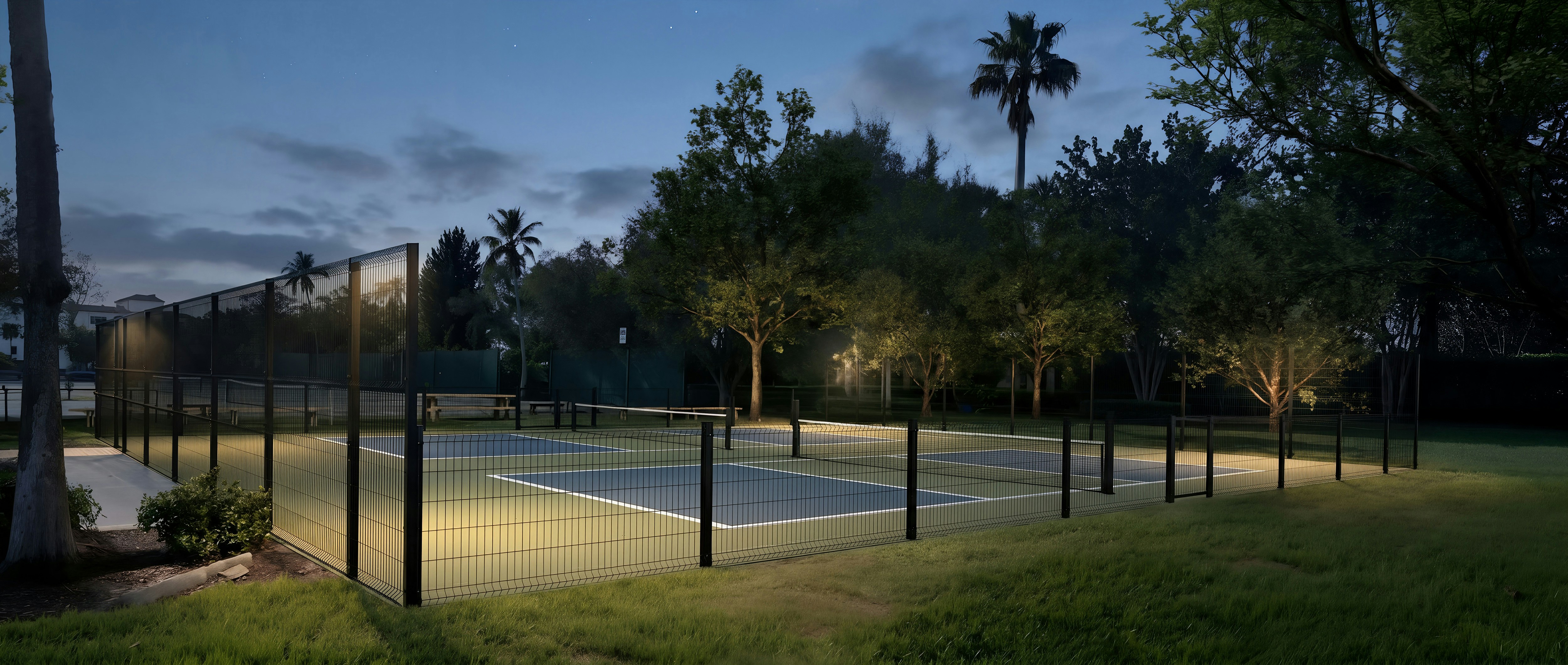 Empty pickleball courts lit up at twilight